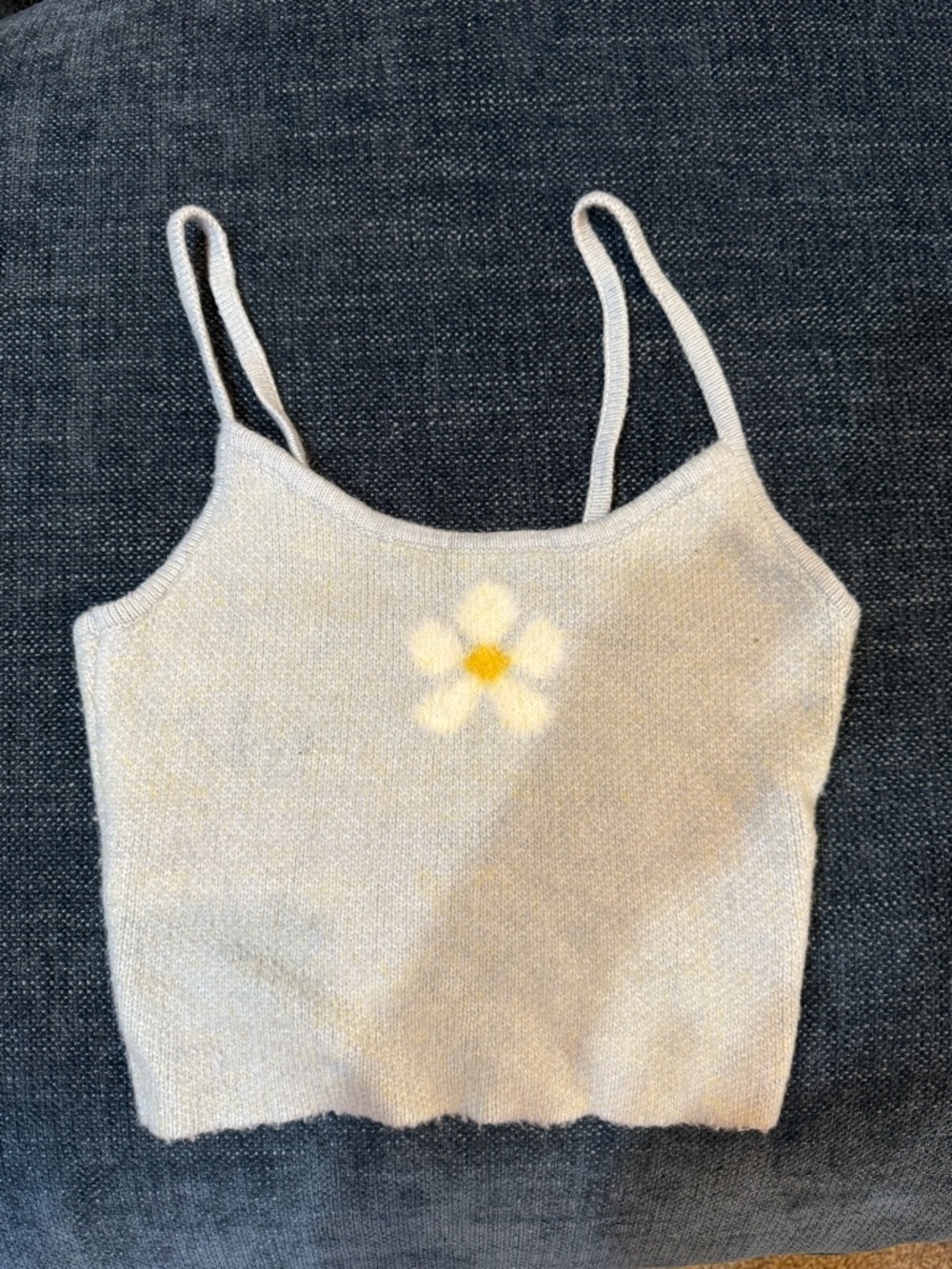 Cream Floral Knit Tank Top with Spaghetti Straps